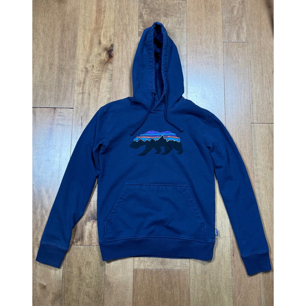 Patagonia Uprisal Blue Hoodie Pullover Bear Graphic Sweatshirt Men's Size XS